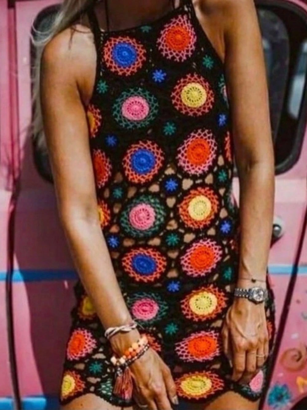 H&M Coachella Crochet Mini Dress Boho Festival Ibiza Granny Square Colorful Sz 6 - Picture 2 of 11